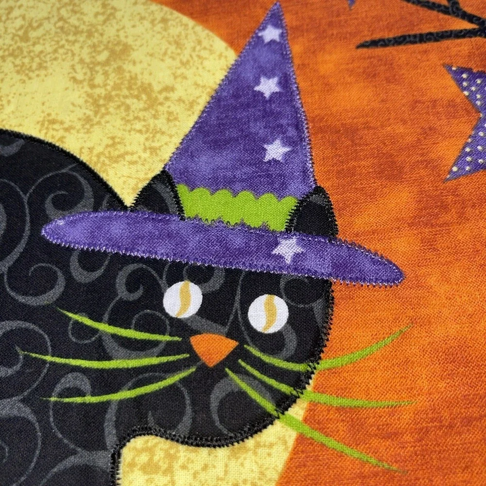 2 Halloween Placemats Black Cat Witch Hat Tree Moon Orange Purple Black